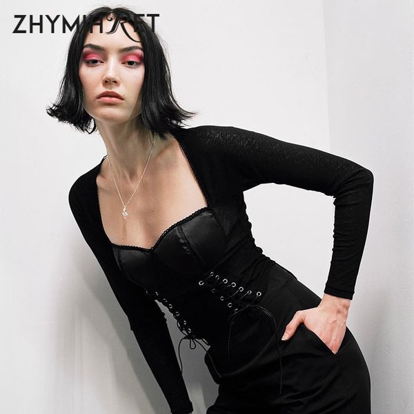

zhymihret square collar lace up crop women gothic satin patchwork ribbed t shirt long sleeve tshirt female streetwear, White