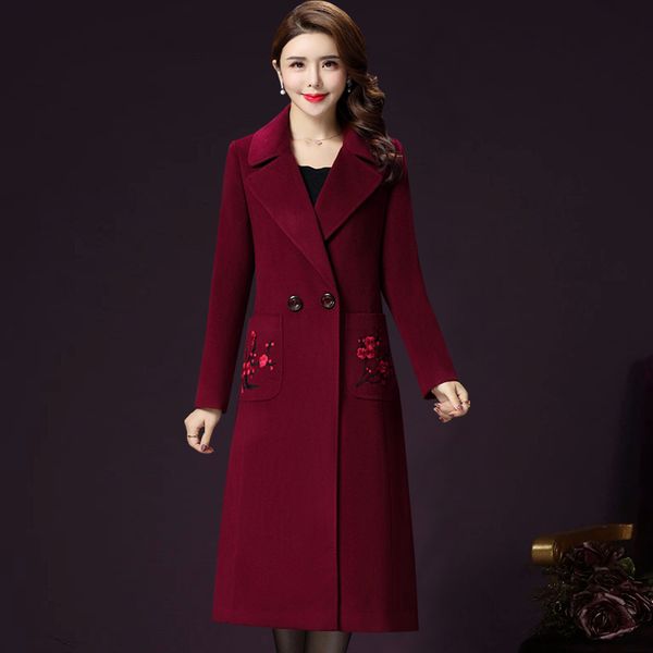 

women's wool & blends plus size 4xl autumn winter vintage slim long embroidery coat women female solid woolen jacket overcoat, Black