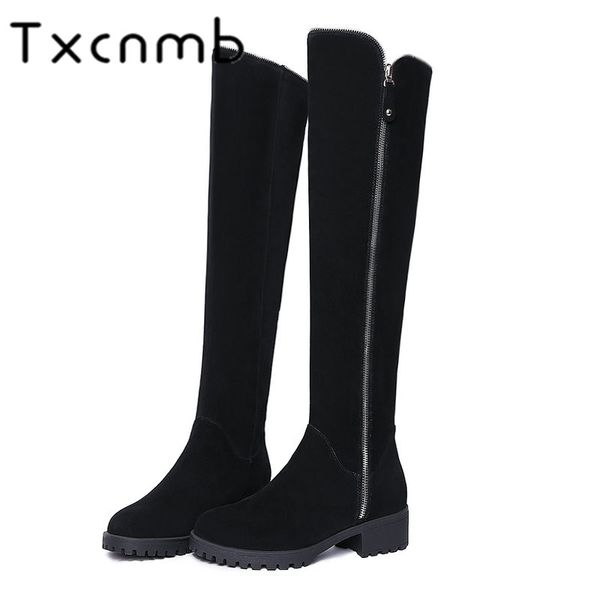 

txcnmb 2019 boots women over the knee boots for women winter cow suede leather square heel shoes woman zipper size 39, Black