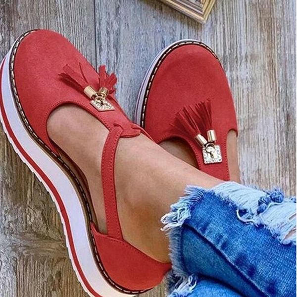 

2020 new england style round toe belt buckle chunky heel tassel strap platform sandals women's large size, Black;red