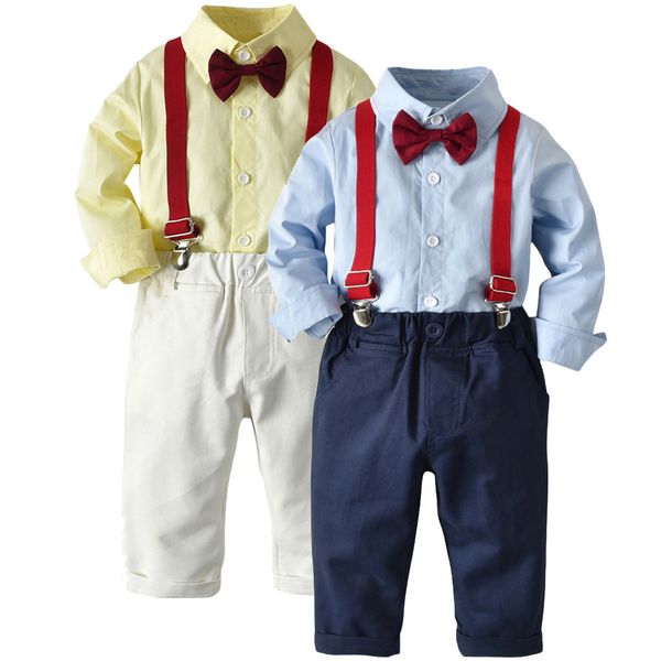 

fashion toddler boy clothes little gentleman suits bow shirt+overall pants two piece formal boys clothing set kids outfits, White