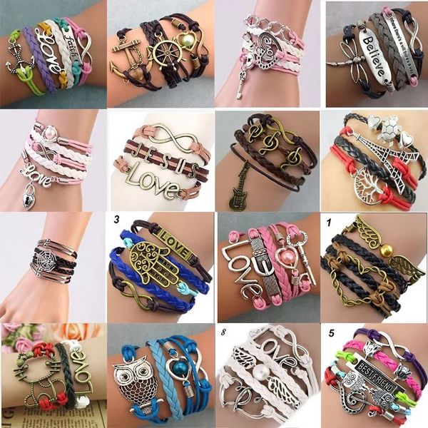 Pulseiras de charme de couro PU da moda, âncora de cruz antiga, amor, pêssego, coração, faça você mesmo, multicamadas, design infinito 36