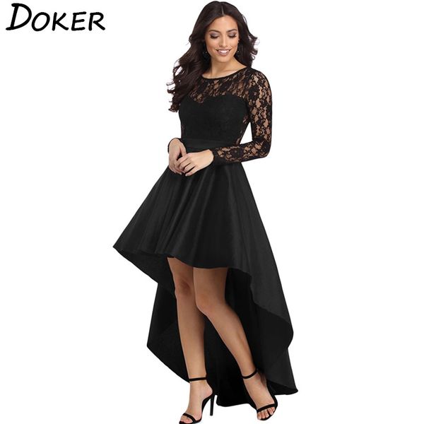

new lace patchwork elegant dress women o-neck long sleeve asymmetrical large swing dress ladies hollow evening party dress, Black;gray