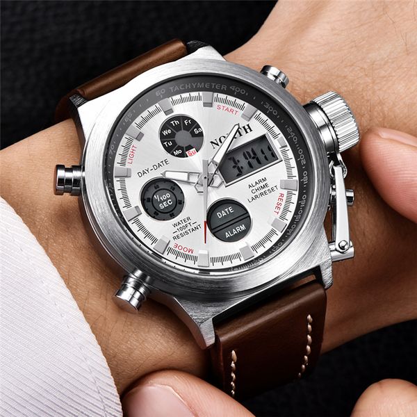 

north mens watches brand luxury quartz military watches men leather sports led digital electronic watch relogio masculino y19051503, Slivery;brown