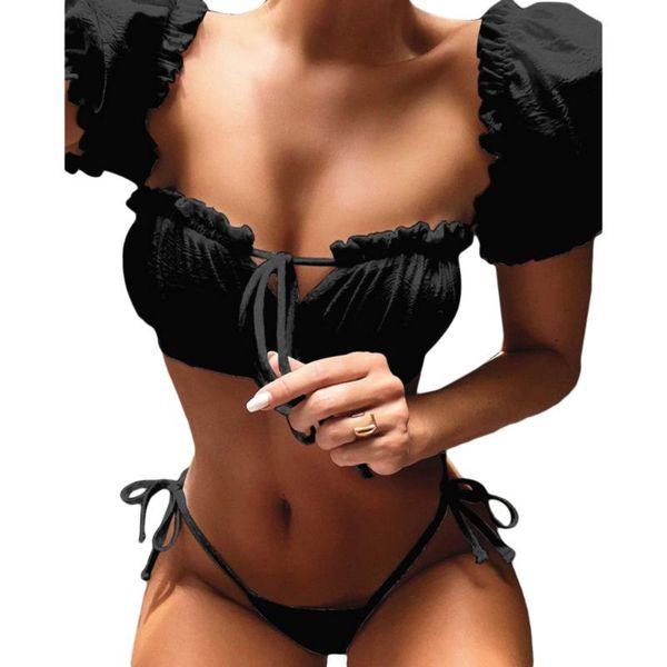 

elegant ruffled bikinis swimwear for women two-piece suit bikini solid color strap side swimsuit high waist swim suit femme