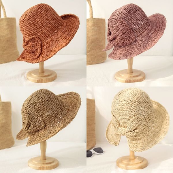 

foldable handmade straw sunscreen straw hat bowknot big brim beach sunscreen beach hat, Blue;gray
