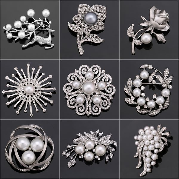 

factory direct sale crystal diamante & imitation pearl fashion flower leaf and deer brooch pins for women in assorted designs 10pcs/lot, Gray