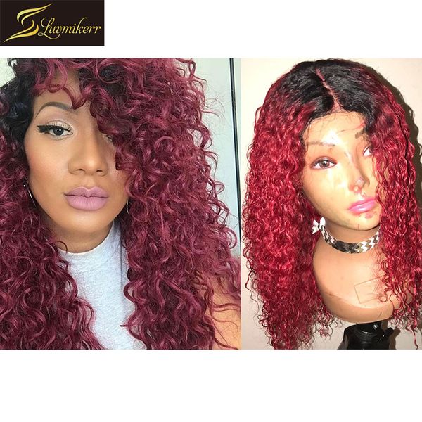 

mongolian curly 1b 99j ombre lace front human hair wigs 13Ã6 burgundy water wave wet and wavy front wig for women bleached knots, Black;brown