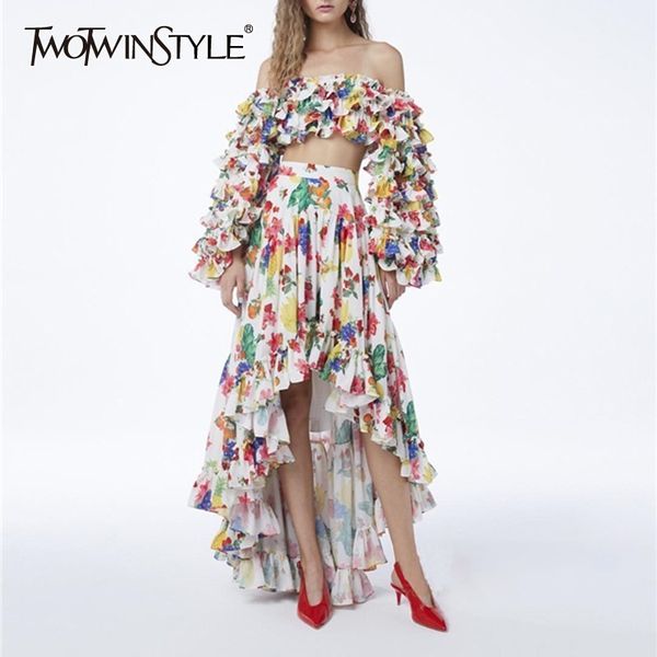 

twotwisntyel print women suit slash neck puff sleeve crop high waist asymmetrical skirt two piece set female fashion new, White