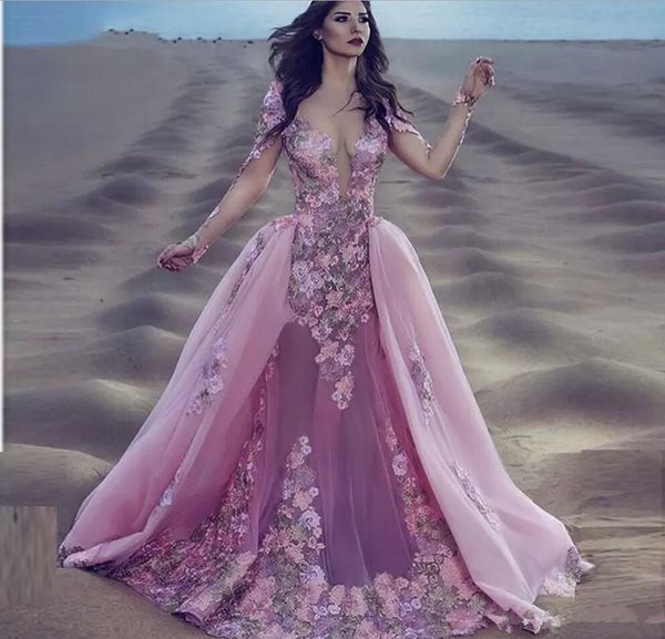 2020 Sexy Burgunder-Rosa-Spitze mit langen Ärmeln, Meerjungfrau, Gala-Abschlussball-Kleider, abnehmbarer, abnehmbarer Rock, indisches Blumen-Overskirt-Abschlussball-Abendkleid