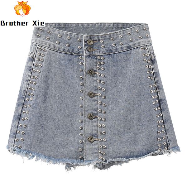 

заклепки джинсовые шорты женщины ins высокая талия ковбой короткая юбка стиль шорты женские весна лето новый a-line джинсовые брюки, Blue