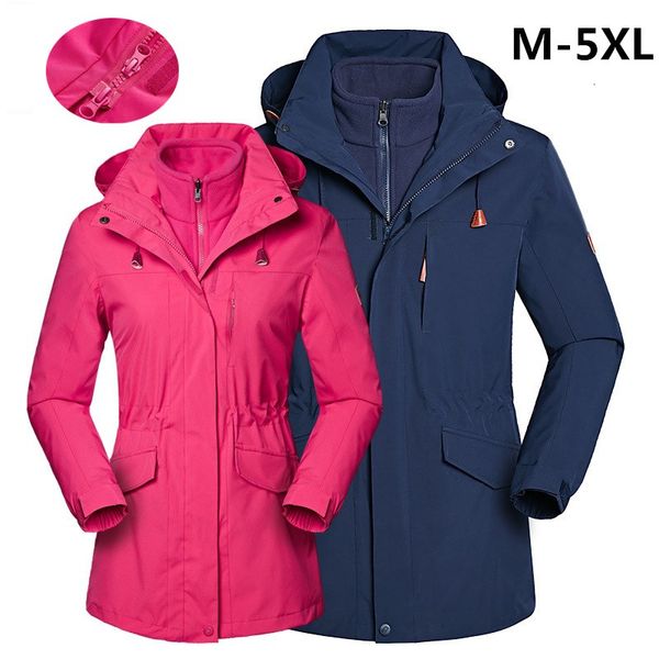 

winter thicken warm 3 in 1 fleece jacket men womens detachable thermal windproof long coat outdoor riding hiking jacket + liner, Blue;black