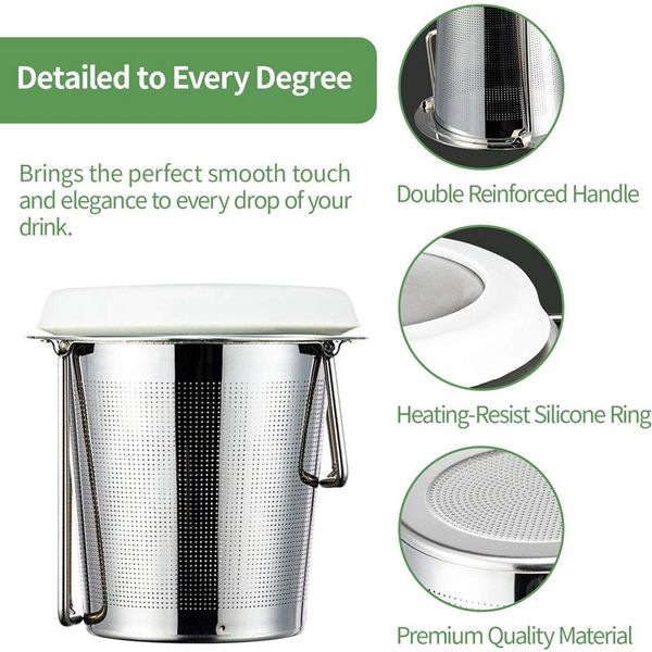 

infuser basket for loose leaf tea and coffee, fine mesh steeping strainer with 304 stainless steel & heat resist silicone ring, tea strainer