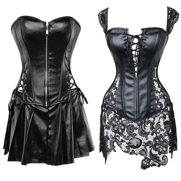 

new fashion women's gothic lace up front punk faux leather bustier corset dress plus size lingerie slimming body shapewear, Black;white