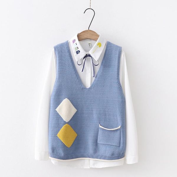 

cute fall autumn women's v-neck sweater pullover sleeveless knitted vest two pockets macaroon colors, Black;white