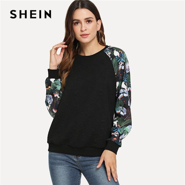 

shein black casual tropical print raglan sleeve textured round neck pullovers sweatshirt autumn preppy campus women sweatshirts