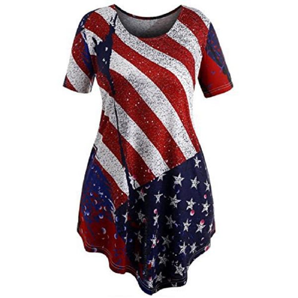 

ladies striped irregular woman t shirt stars printing short sleeve casual clothes american flag independence national day usa 4th july, White