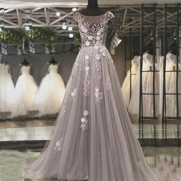 

wedding dresses sheer scoop neck capped shoulder sleeveless silver tulle lace appliques illusion backless bridal gowns, White