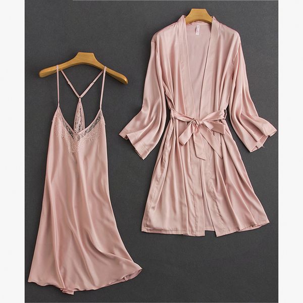 

silk pajama dress robe 2 piece satin sleepwear home clothes pijamas women nightgown lounge wear set night gown with robe, Black;red