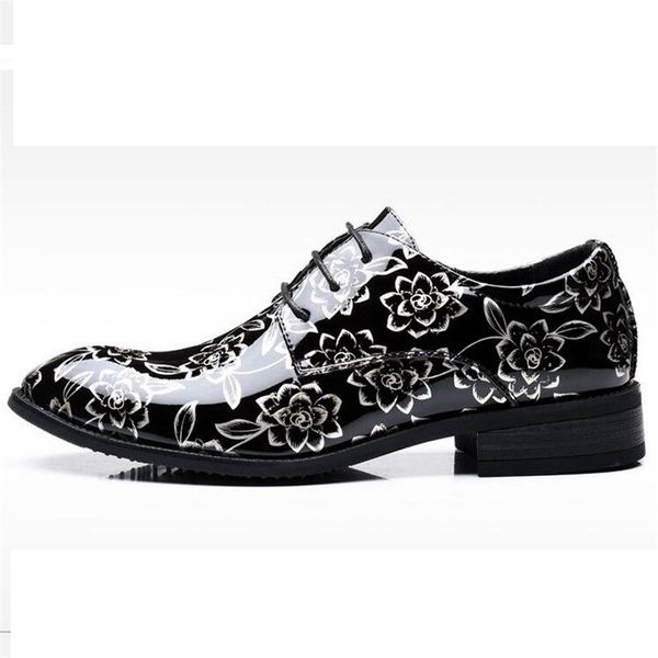

new design luxury men print lace up brogue shoes patent leather business men dress shoes party wedding formal oxfords footwear, Black