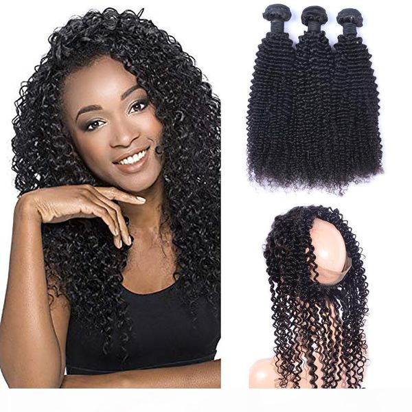 

9a pre plucked brazilian kinky curly human hair weaves with 360 lace band frontal virgin human hair with bady hair 4pcs lot, Black;brown