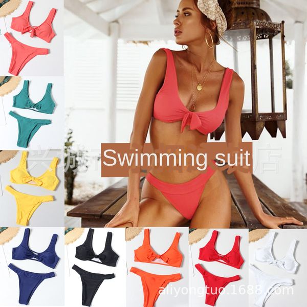 

2019 women's nylon pure swimsuit bikini color chest knot bikini split swimsuit women, White;black
