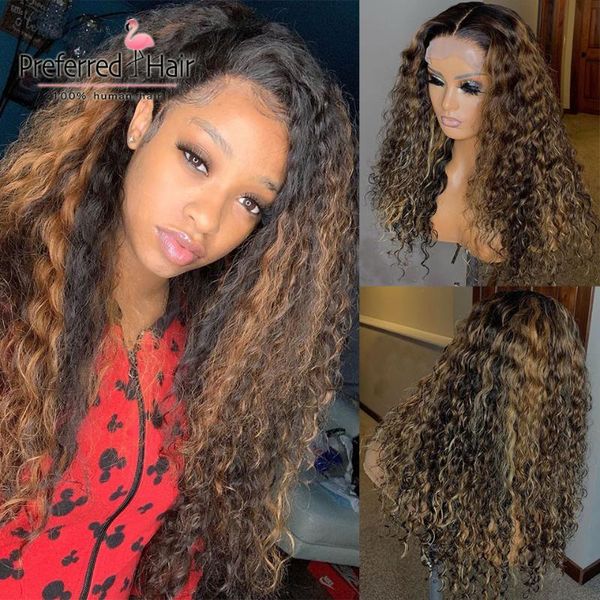 

preferred 13x6 curly human hair wig pre plucked 360 lace frontal wig with baby hair remy brazilian highlight for black women, Black;brown