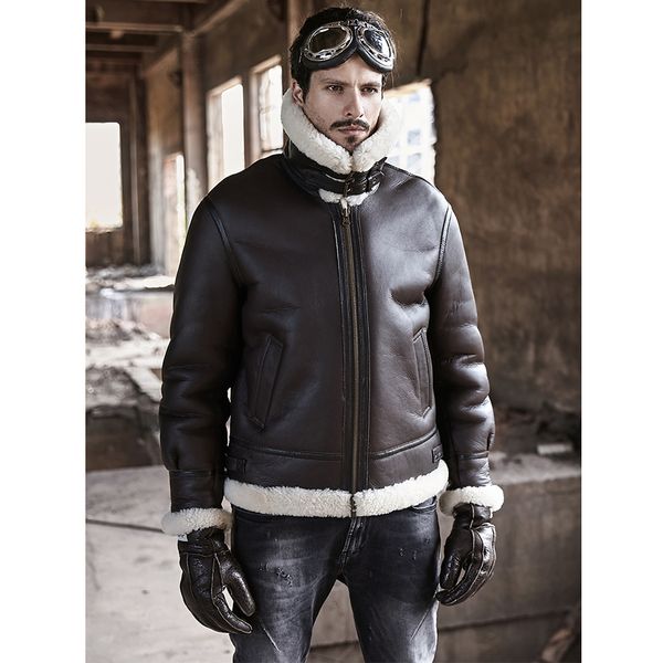 

2022 men sheepskin bomber shearling jacket short leather jacket mens motorcycle jackets airforce flight coat, Black;brown