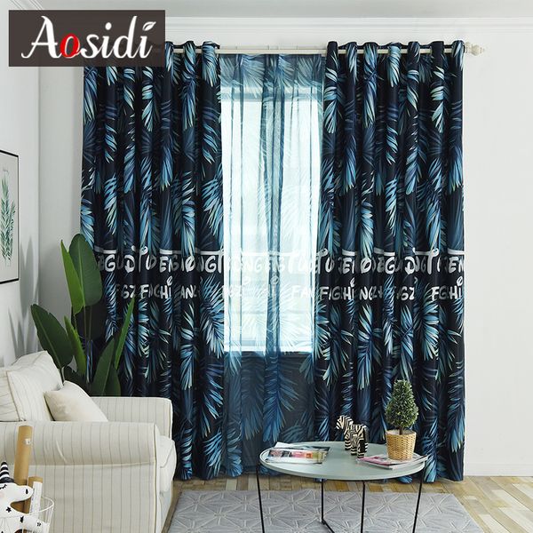 

modern blue leaves printed blackout curtains for living room window tulle and curtains for bedroom child drapes 85% shading tend