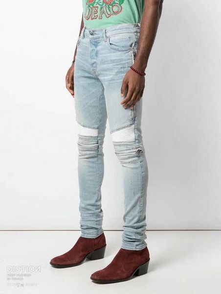 

2019 ам мужские проблемных разорвал байкер джинсы мотоциклов slim-подходят байкер джинсы для мужчин мода дизайнер хип-хоп мужские джинсы хор, Blue