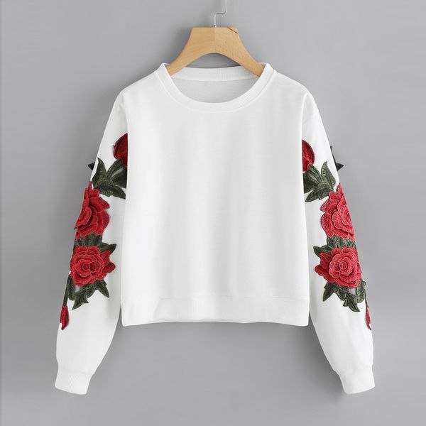 

women long sleeve rose embroidery applique sweatshirt o-neck pullover blouse #4, Black