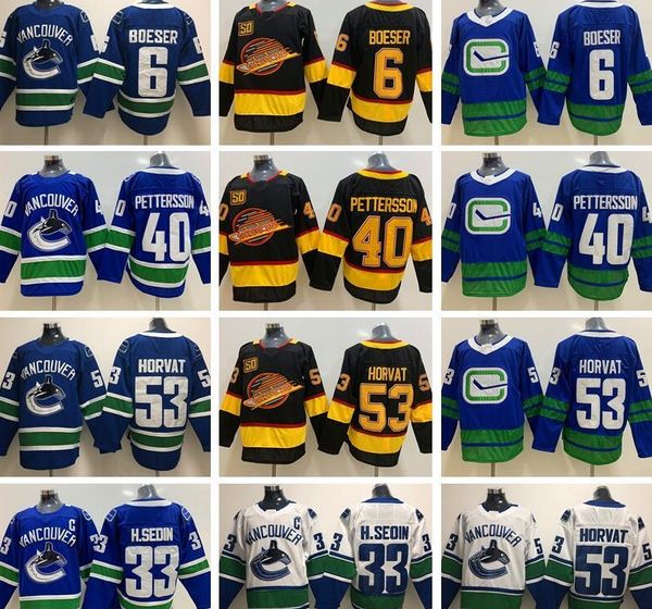 

hockey vancouver canucks 40 elias pettersson jersey 6 brock boeser 53 bo horvat daniel 33 henrik sedin 2020 flying skate 50th black blue, Black;red