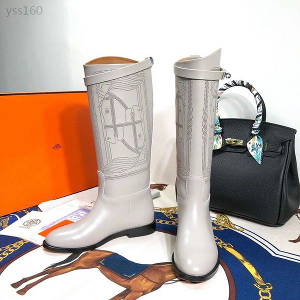 

2020 classic autumn and winter new women's calfskin boots flat bottom with and knees leisure high boots martin women's boots, Black