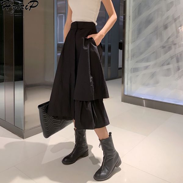 

hzirip women summer spring 2019 high waist mid-calf skirts loose solid irregual elegant skirts womens casual simple office lady, Black;gray