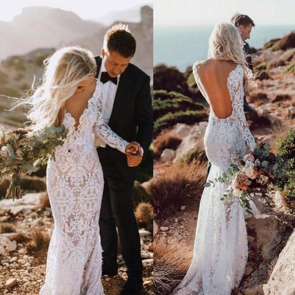 

deep v-neck bohemian wedding dress lace long sleeves see though back sheath bridal gowns beach wedding dress boho vestidos de novia, White