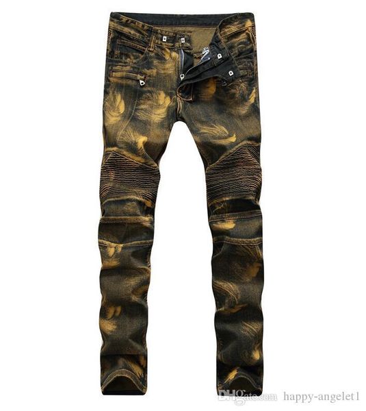 

мужские проблемные рваные байкерские узкие джинсы сша размер 28-42 slim fit мотоцикл moto biker мужчины джинсовый бренд дизайнер хип-хоп муж, Blue