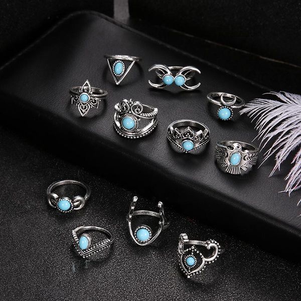 Anel de junta turquesa Conjunto de anel de prata antiga coroa de lua de coruja anéis de empilhamento midi ring jóias de moda jóias de moda e sandy