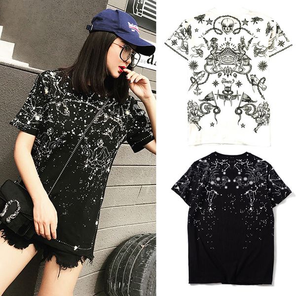 

lady tshirt women's tattoo casual fit slim fashion printing constellatio round neck cotton tee girls, White