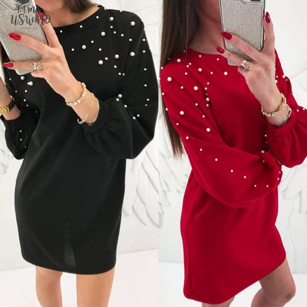 

winter autumn women lantern long sleeve pullover shirt dress beading pearl long sleeve sweater mini dress vestido, Black;gray