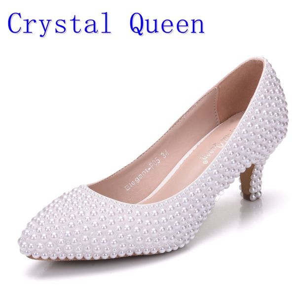 

crystal queen white pearl wedding shoes bridal women shoes elegant heels evening party shoes high heel 5cm dress pumps size 43, Black