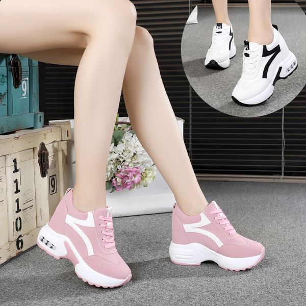 

2022-spring girl lace up height increasing vulcanized shoes woman high heels wedges hidden heel platform casual sneaker shoes, Black;white