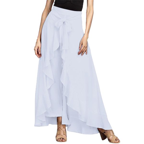 

women autumn casual chiffon pants fashion elegant bow tie waist ruffles irregular skirt trousers high waist wide leg pants, Black;white