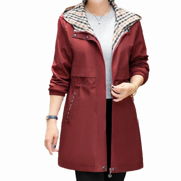 

woman casual trench coat with hood outerwear red blue plaid trenches for women streetwear hooded duster coats elastic waist 2019, Tan;black