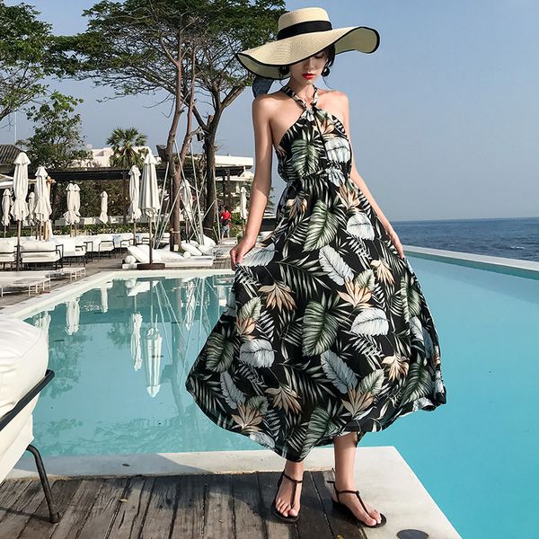

лето цветочный принт женщины сарафан boho тропический длинный отпуск без рукавов старинные элегантные макси пляж ремни платье взлетно посадо, Black;pink