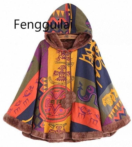 

female vintage velvet thickening cloak ponchos hoodies flowers printing character women winter fleece cotton jacket coats, Tan;black