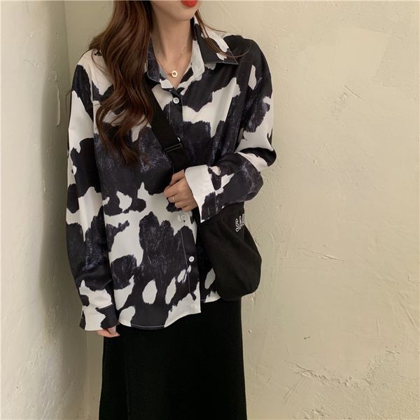 

new shirt 2020 spring section abstract ink print black single-breasted loose loose thin shirt women, White