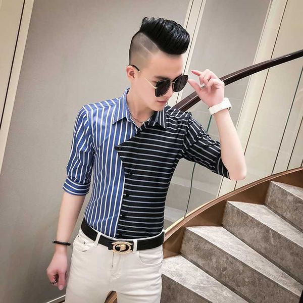

men's casual shirts 2021 summer men blue black patchwork striped half sleeve shirt, White;black