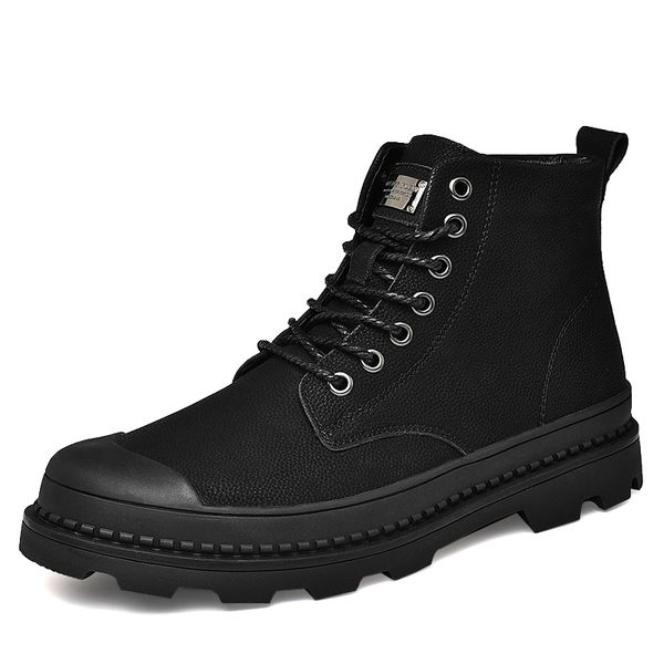 

men genuine leather boots casual british design non slip real leather ankle boots for fashion men warm snow shoes, Black
