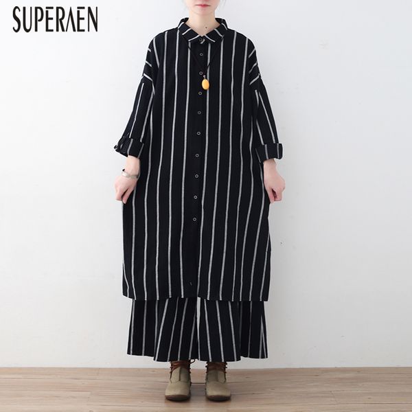 

superaen 2019 spring new women's sets loose pluz size striped cotton women shirt wild casual wide leg pants two pieces female, White