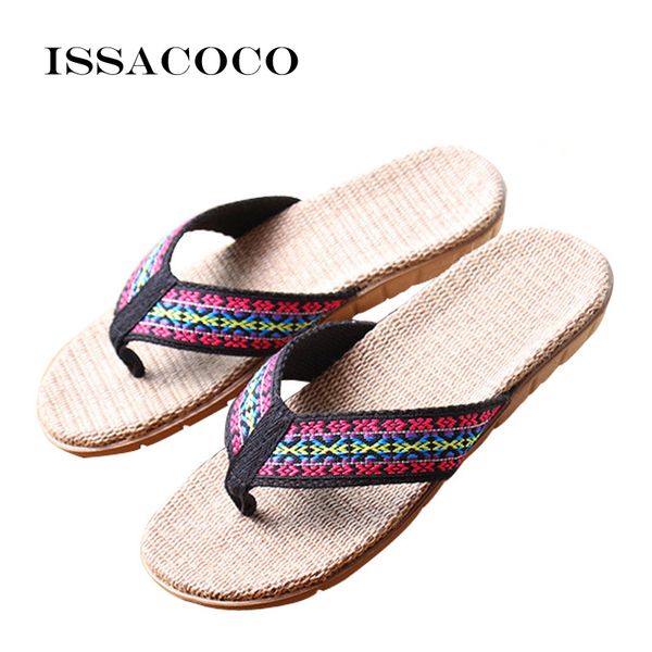 

issacoco 2018 women's linen flip flops slippers women flat indoor non-slip flip flops women's flax slippers beach flop, Black